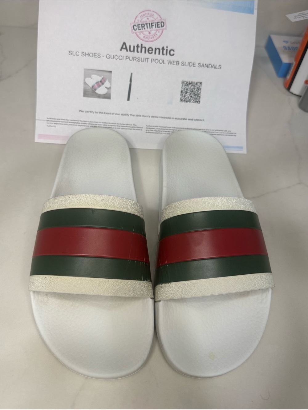 Authentic Gucci Pursuit Web Slides Men 9.5 Women 11 White COA